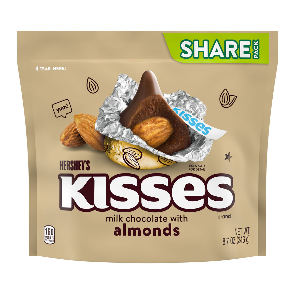 HERSHEY'S KISSES Milk Chocolate with Almonds Candy Share Pack, 8.7 oz